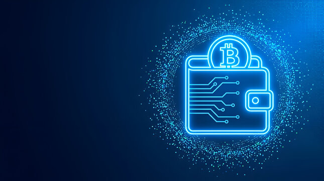 Digital crypto wallet neon icon on blue background, concept of blockchain technology and finance