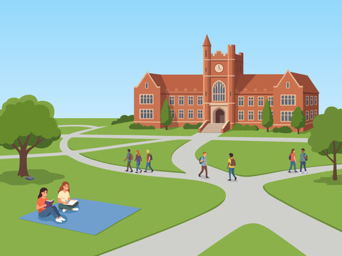 landscape view university students walking campus college university building learning lifestyle establishment