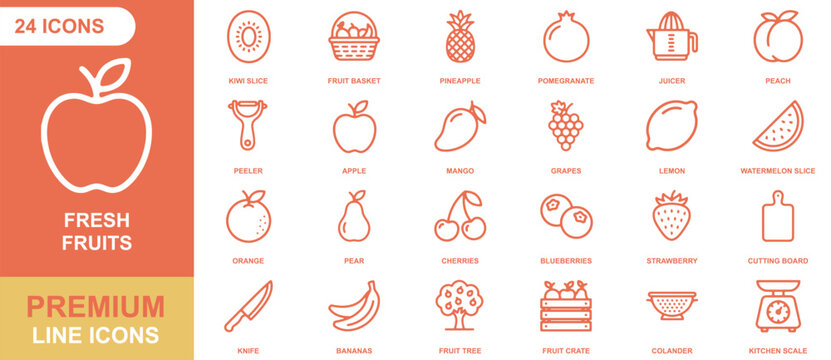 Set of 24 orange line icons featuring fresh fruits, kitchen tools, and produce containers on a white background, with descriptive text labels