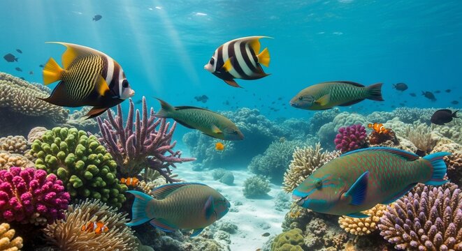 Underwater scene with colorful fish and coral