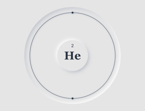 Neomorphic periodic table diagram showing Helium atomic structure with orbiting electrons.