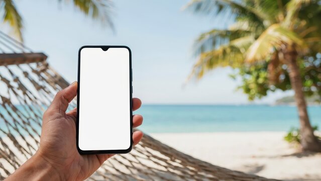 A hand holding a smartphone with a blank white screen against a sunny tropical beach. Use this template for summer travel or vacation app promotions.