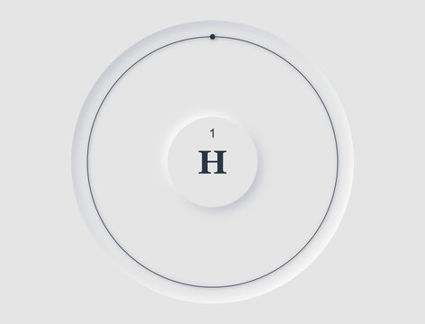 Neomorphic periodic table diagram showing Hydrogen atomic structure with orbiting electrons.