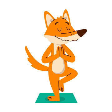 A calm orange fox balances in a tree yoga pose on a teal mat, eyes closed and hands together, creating a peaceful cartoon illustration 