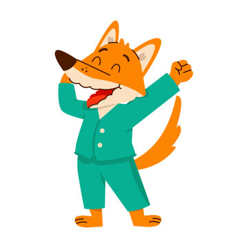 A sleepy orange fox wears teal pajamas and stretches with eyes closed, showing a relaxed bedtime mood in a clean cartoon illustration 