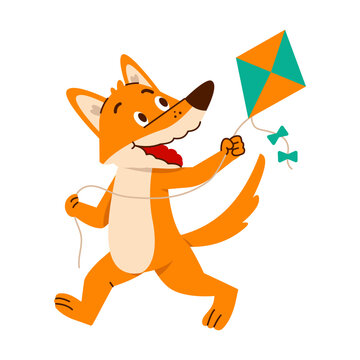 A cheerful orange fox runs while holding a colorful diamond kite string, creating a lively outdoor pose in a playful cartoon illustration 