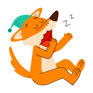 A sleepy orange fox sits wearing a teal nightcap and hugs a red pillow while yawning, with small sleep marks above in a playful cartoon illustration.