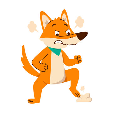 An annoyed orange fox stands with one paw on its hip, and steam puffs near its head, showing a strong angry mood in a cartoon illustration 