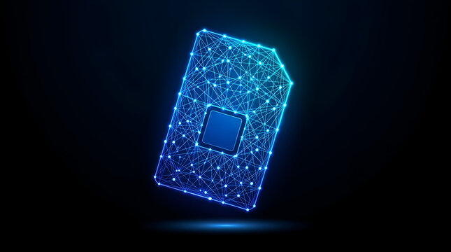 Digital connection and modern technology represented by a futuristic glowing network icon of a sim card on a dark background