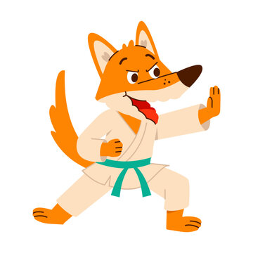 A focused orange fox wears a white karate uniform with a teal belt and raises one paw in a martial arts pose in a playful cartoon illustration.
