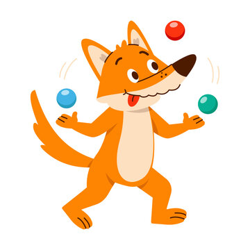 A cheerful orange fox juggles three colorful balls while walking, showing an energetic circus-inspired pose in a playful cartoon illustration.