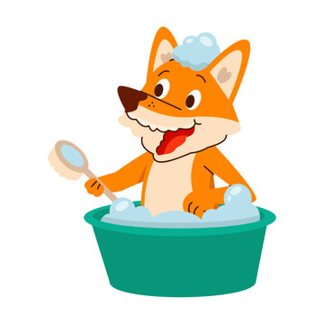 A happy orange fox sits in a teal wash tub surrounded by soap bubbles while holding a bath brush in a playful cartoon illustration 