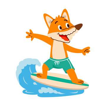 An energetic orange fox balances on a teal surfboard over a blue wave, wearing swim shorts in a lively summer cartoon illustration 