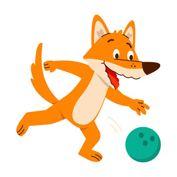 A smiling orange fox steps forward beside a large teal bowling ball, preparing to roll it in a playful sports cartoon illustration 