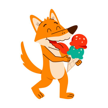 A delighted orange fox holds a tall ice cream cone with colorful scoops, smiling widely in a cheerful dessert-themed cartoon illustration 