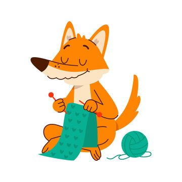 A content orange fox sits and knits with teal yarn and needles, with a yarn ball beside its feet in a cozy and playful cartoon illustration 