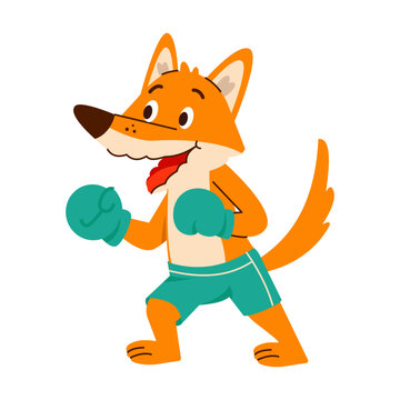 An energetic orange fox wears teal boxing gloves and shorts, standing with fists raised in a lively fighting pose in a cartoon illustration 