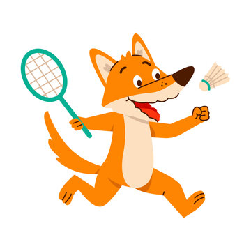 An energetic orange fox runs with a teal badminton racket while reaching toward a shuttlecock in a lively sports cartoon illustration 