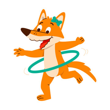 A happy orange fox spins a teal hula hoop around its waist with arms stretched out, creating a lively,y playful cartoon illustration 