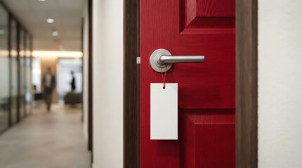 Fototapeta premium A red office door with a silver handle and a blank white tag hanging from it, in a modern building hallway.