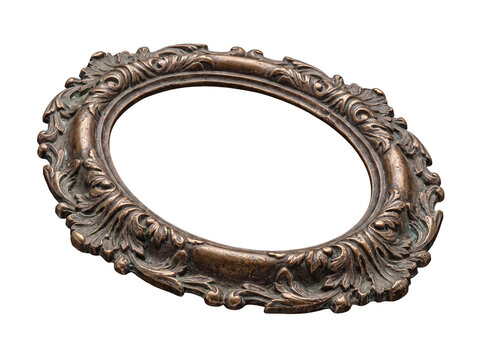 Aged bronze oval picture frame with baroque carving and distressed texture, angled, transparent background.