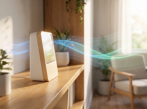 Modern wooden smart air quality monitor on a sunlit oak shelf with flowing blue and green clean airflow ribbons in a bright living room