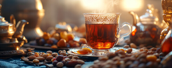Naklejka premium Elegant Arabic Tea with Nuts and Dried Fruits