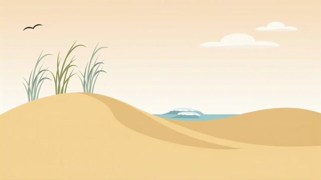 Flat vector illustration of sandy dunes with beach grass and ocean waves under a clear sky with single bird flying sky