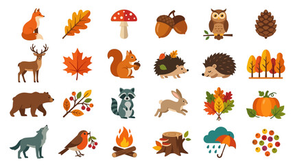Obraz premium Forest wildlife and autumn nature elements vector icon set