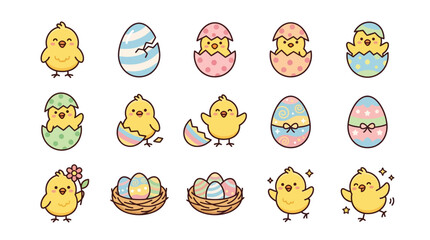 Obraz premium Cute baby chick and hatching egg Easter line icons set