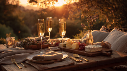 Fototapeta premium Wine and Cheese Picnic at Sunset Outdoors