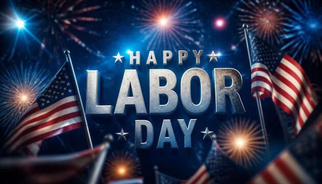 Festive Labor Day celebration with US flags and bright fireworks.