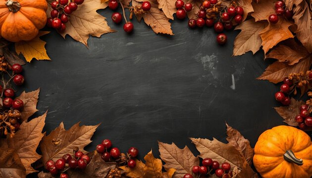 Festive autumn border with pumpkins and berries on a dark background.