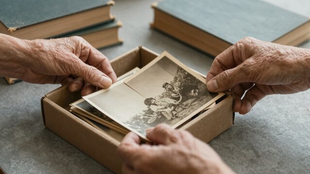 Elderly hands carefully extract an old photograph from a cardboard box surrounded by books, evoking nostalgia and memory preservation.