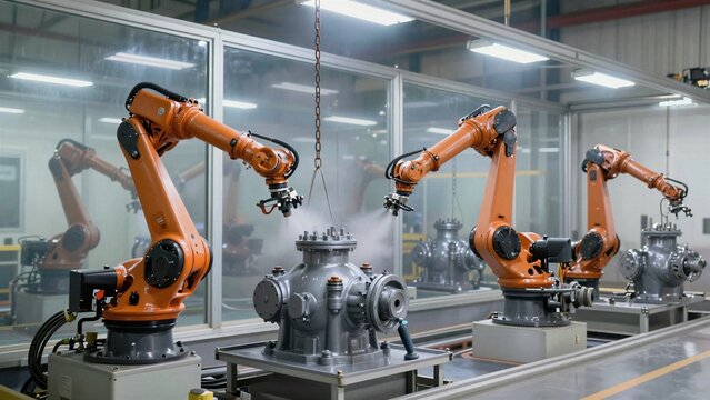 Automated robotic arms spray powder coating onto industrial valves inside a modern manufacturing facility.