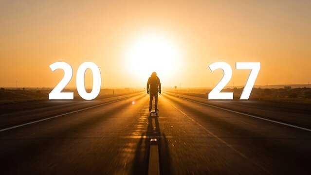 Person walking on road towards 2027 sunrise, concept of future goals and new beginnings.
