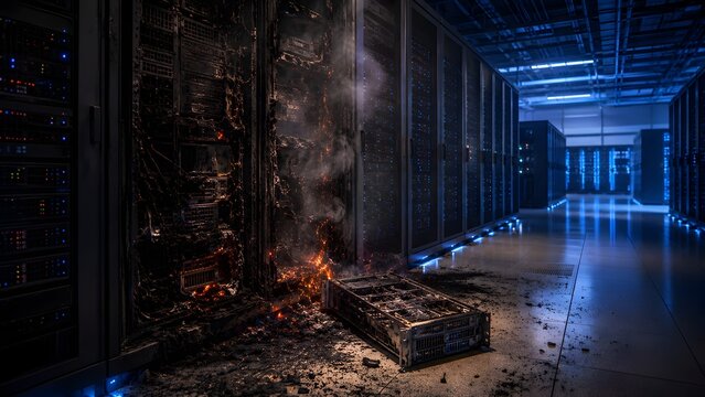 Destroyed And Burned Server Rack Smoking In Data Center Disaster Aftermath