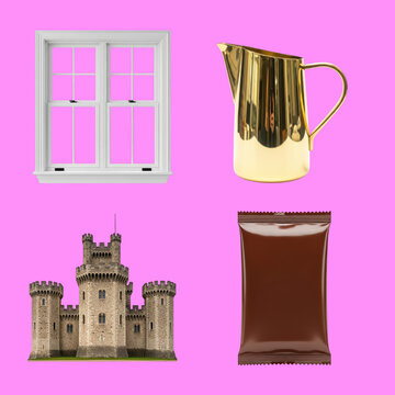 Set of four random objects including a window a pitcher castle and packaging