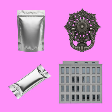 Set of four random objects including food packaging and architectural elements