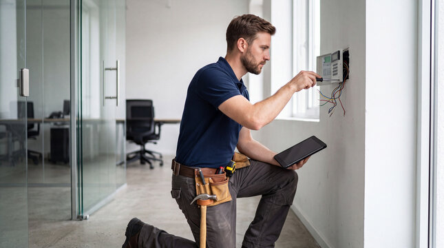 Technician works on a security system in an office building during the day