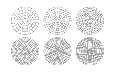 Fototapeta na wymiar Paved circle pattern tile patterns set. Circular brick mosaic template. Round radial stone pavement. Paving tile simple floor texture. Black line. Vector illustration isolated on white background.