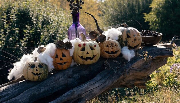 Festive carved jack-o-lanterns decorated for Halloween in nature.