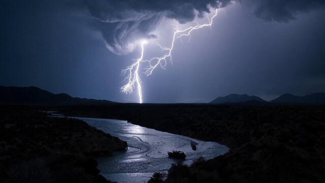 Lightning Storm Over River and Mountains at Night