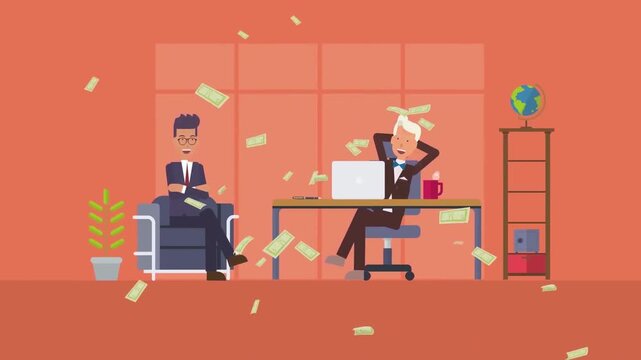 2D Animated Rich Businessman Relaxing at Desk with Cash Money Falling Rain Concept Flat Vector Character Animation Footage