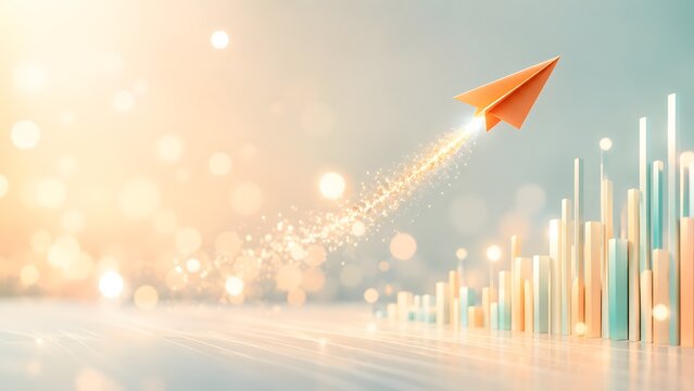 Glowing Paper Airplane Launching Upward With Sparkling Trail Over City Skyline