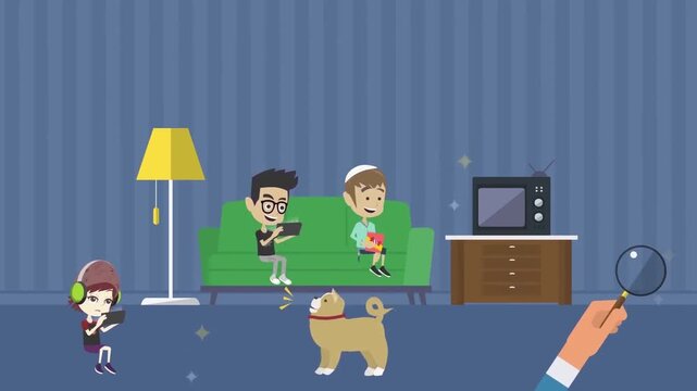 2D Animated Family with Dog Sitting on Sofa Watching TV while Magnifying Glass Observes Flat Vector Character Animation Footage