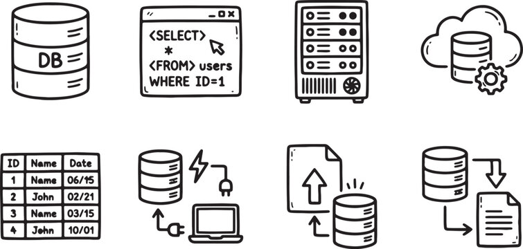 Database and data storage doodle icons are set on a plain white background.