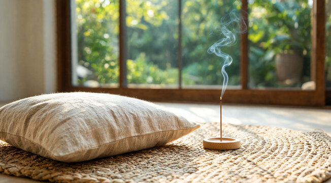 Incense smoke rises from holder next to a cushion on a rug by a window with green plants outside