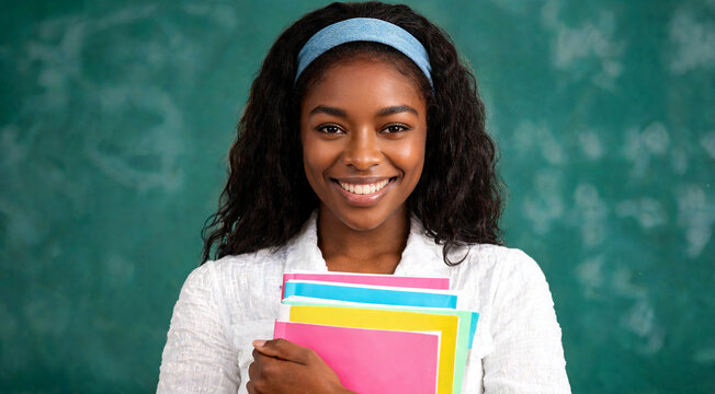 Young woman holds colorful folders in front of a chalkboard in a classroom setting during the day