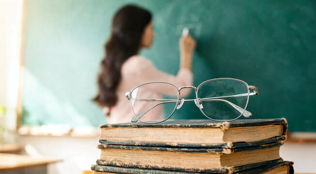Student writes on chalkboard while glasses rest on stacked books in a classroom setting